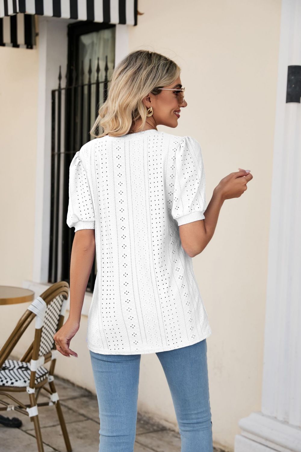 Full Size Eyelet Puff Sleeve V-Neck Top