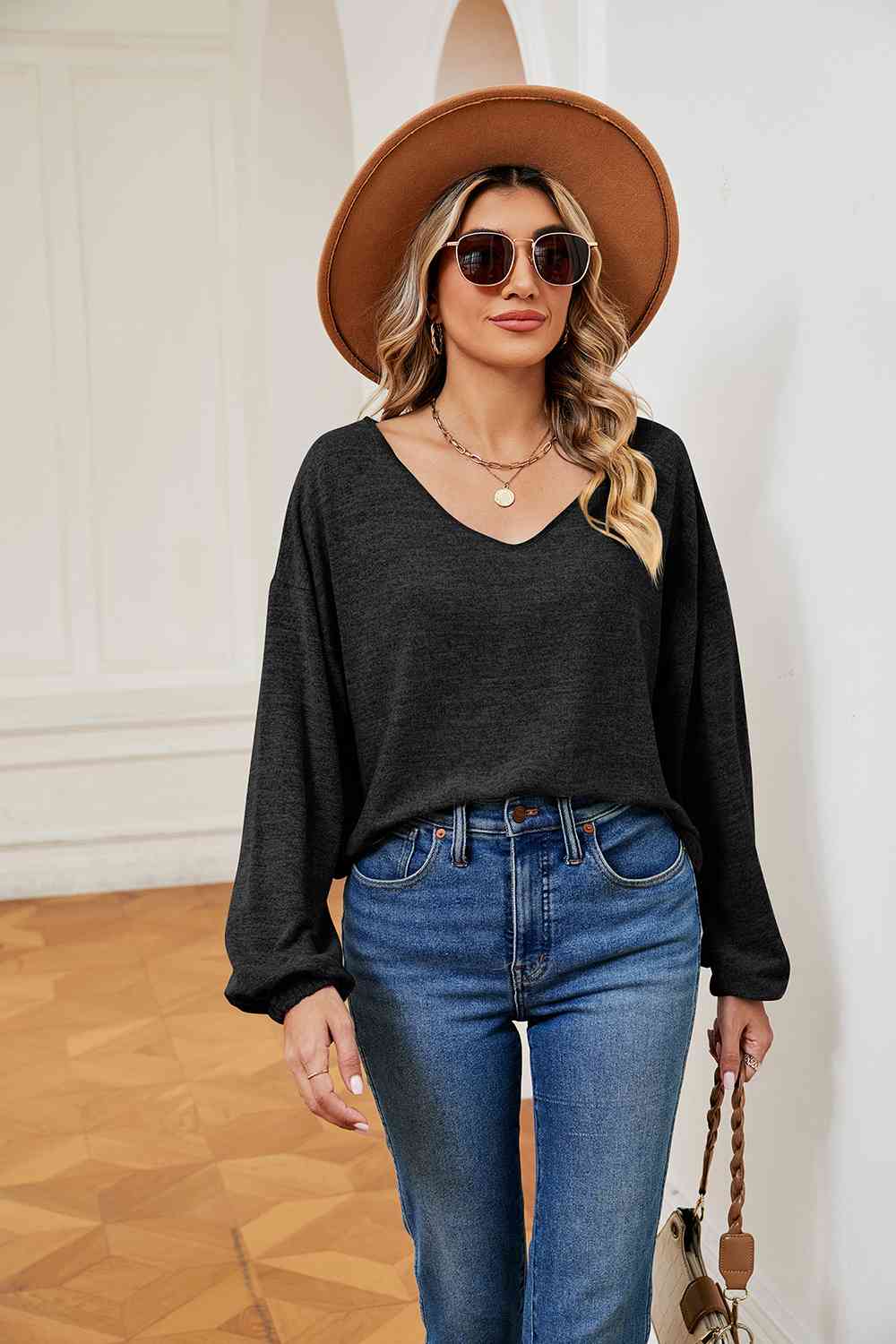 Full Size V-Neck Long Sleeve Top