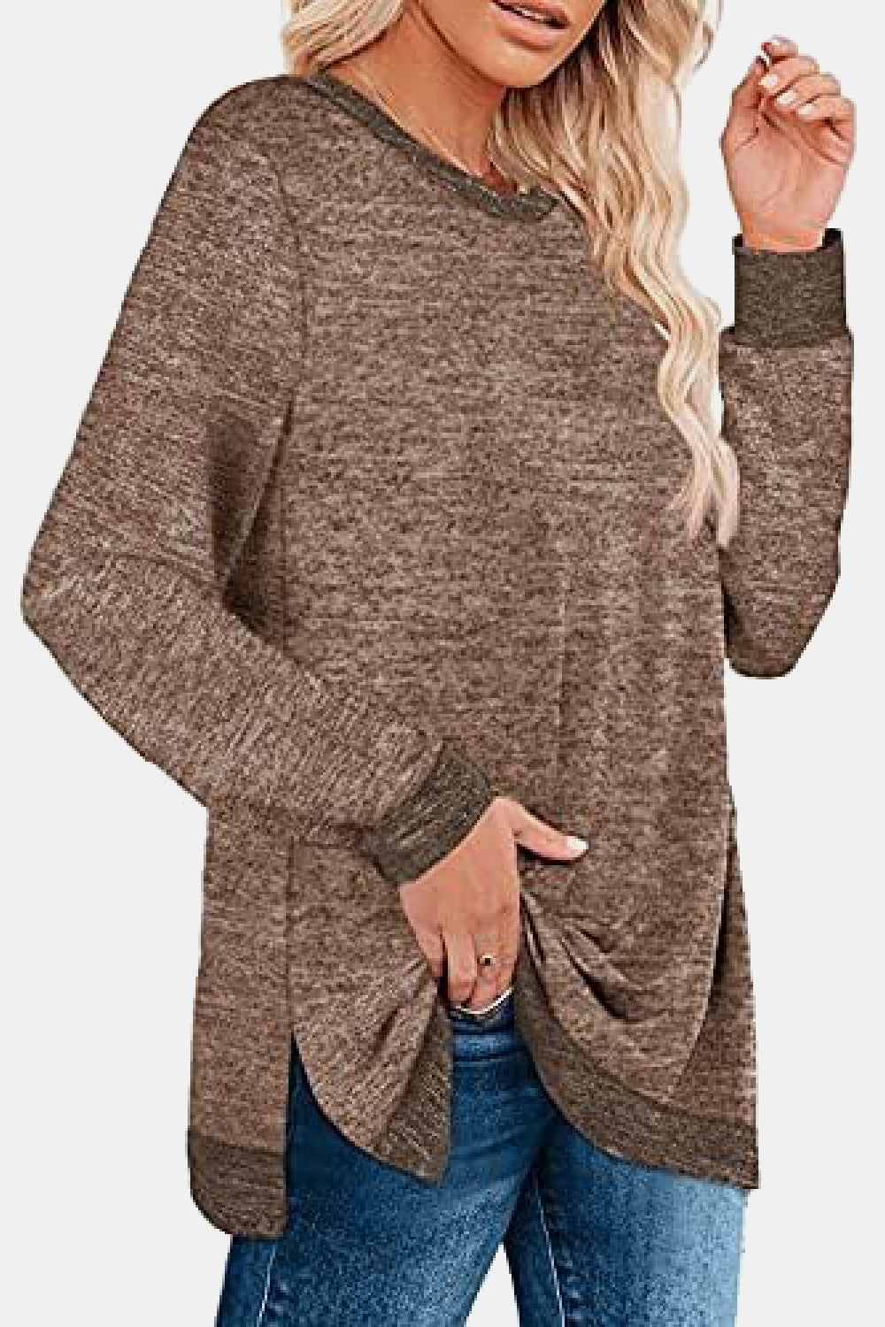 Full Size Round Neck Long Sleeve Slit T-Shirt