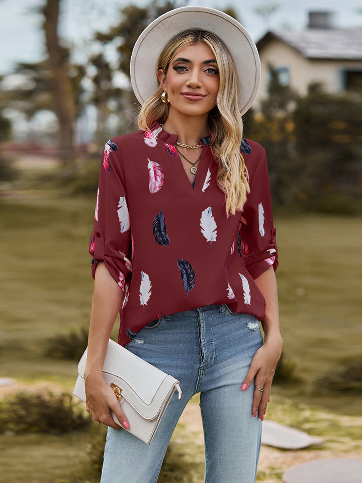 Full Size Printed Roll-Tab Sleeve Notched Neck Blouse