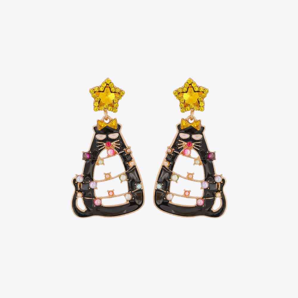 Rhinestone Alloy Christmas Cat Earrings