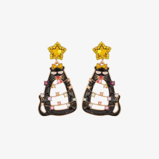 Rhinestone Alloy Christmas Cat Earrings