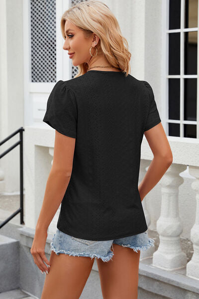 Eyelet V-Neck Petal Sleeve T-Shirt