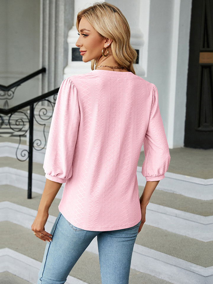 Full Size Notched Neck Three-Quarter Sleeve Blouse