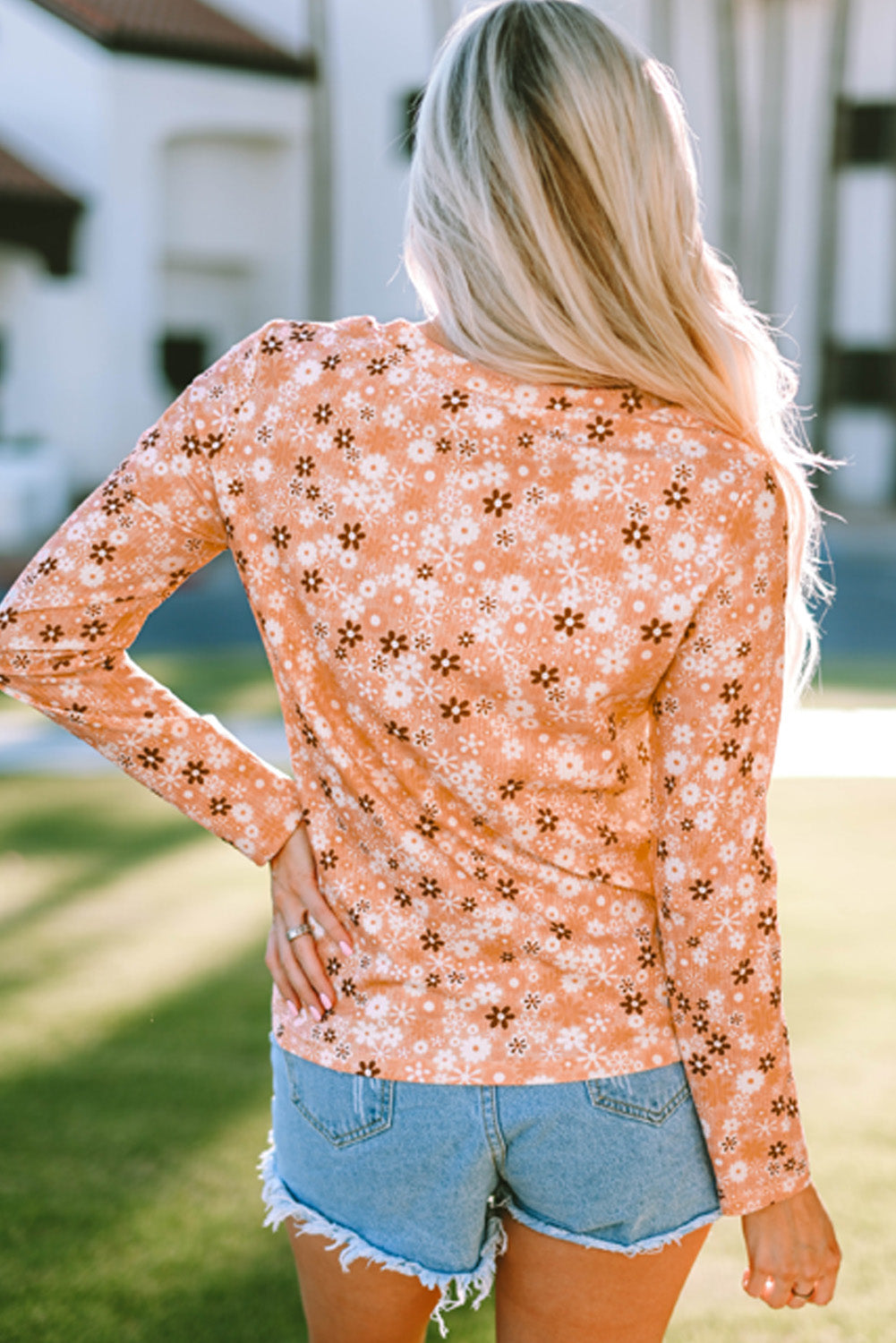 Beauteous Floral Print Round Neck Long Sleeve Tee