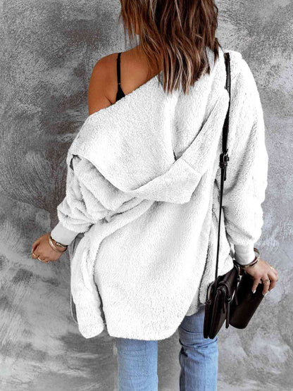 Open Front Hooded Faux Fur Outwear Jacket with Pockets