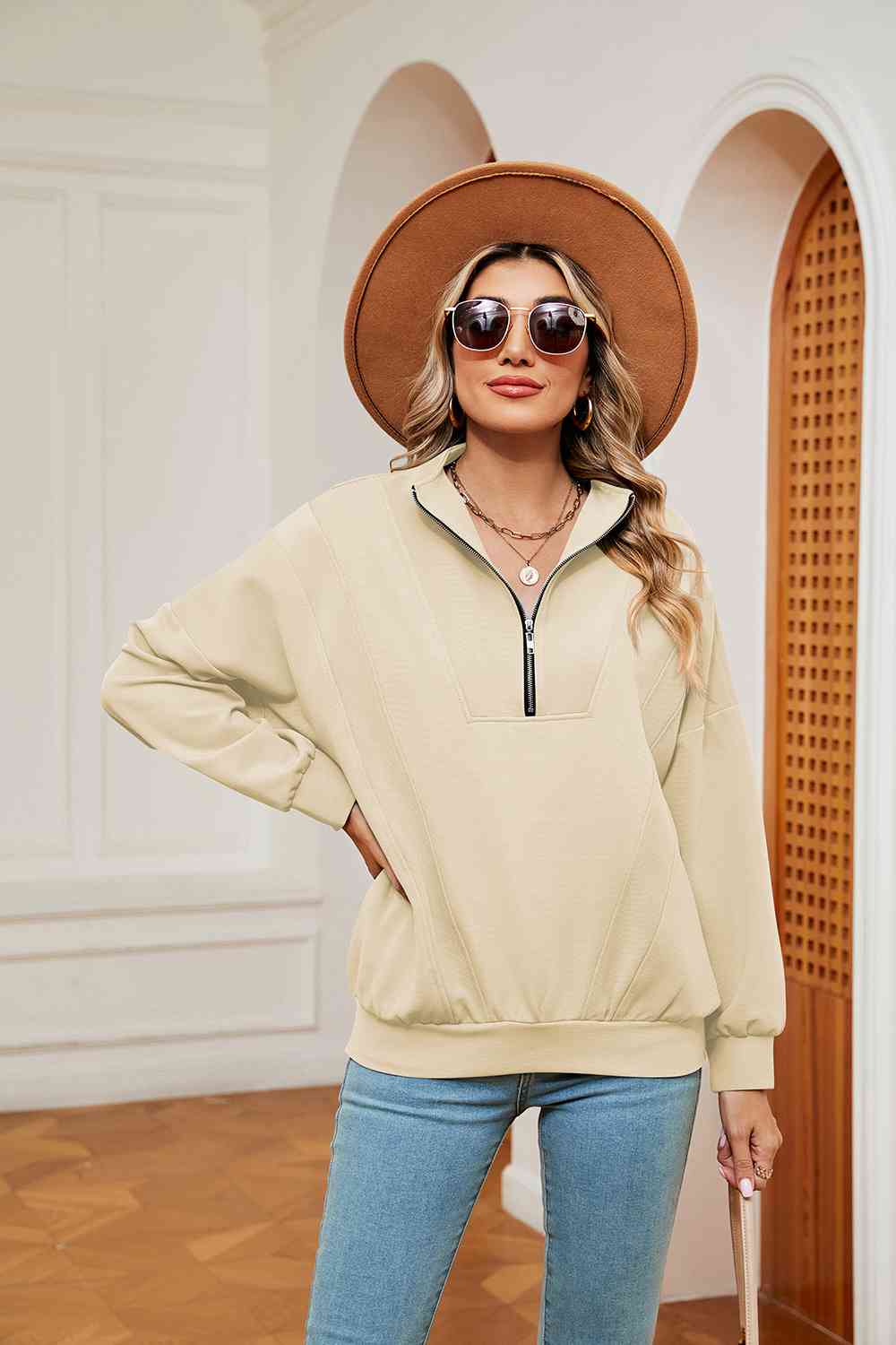 Full Size Half-Zip Dropped Shoulder Sweatshirt