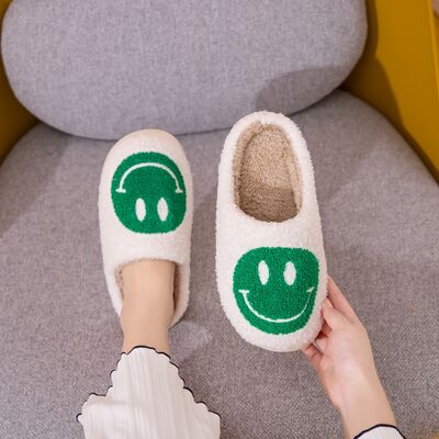 Melody Smiley Face White Green Slippers
