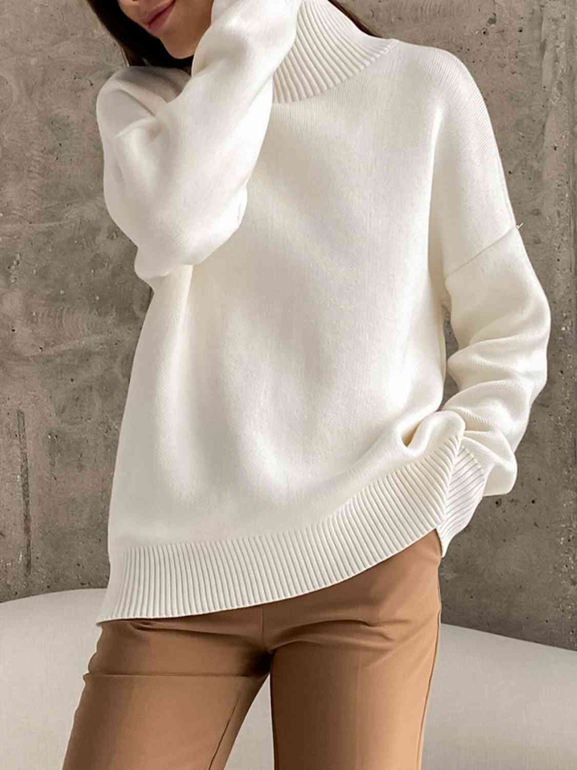 One Size Mock Neck Dropped Shoulder Sweater