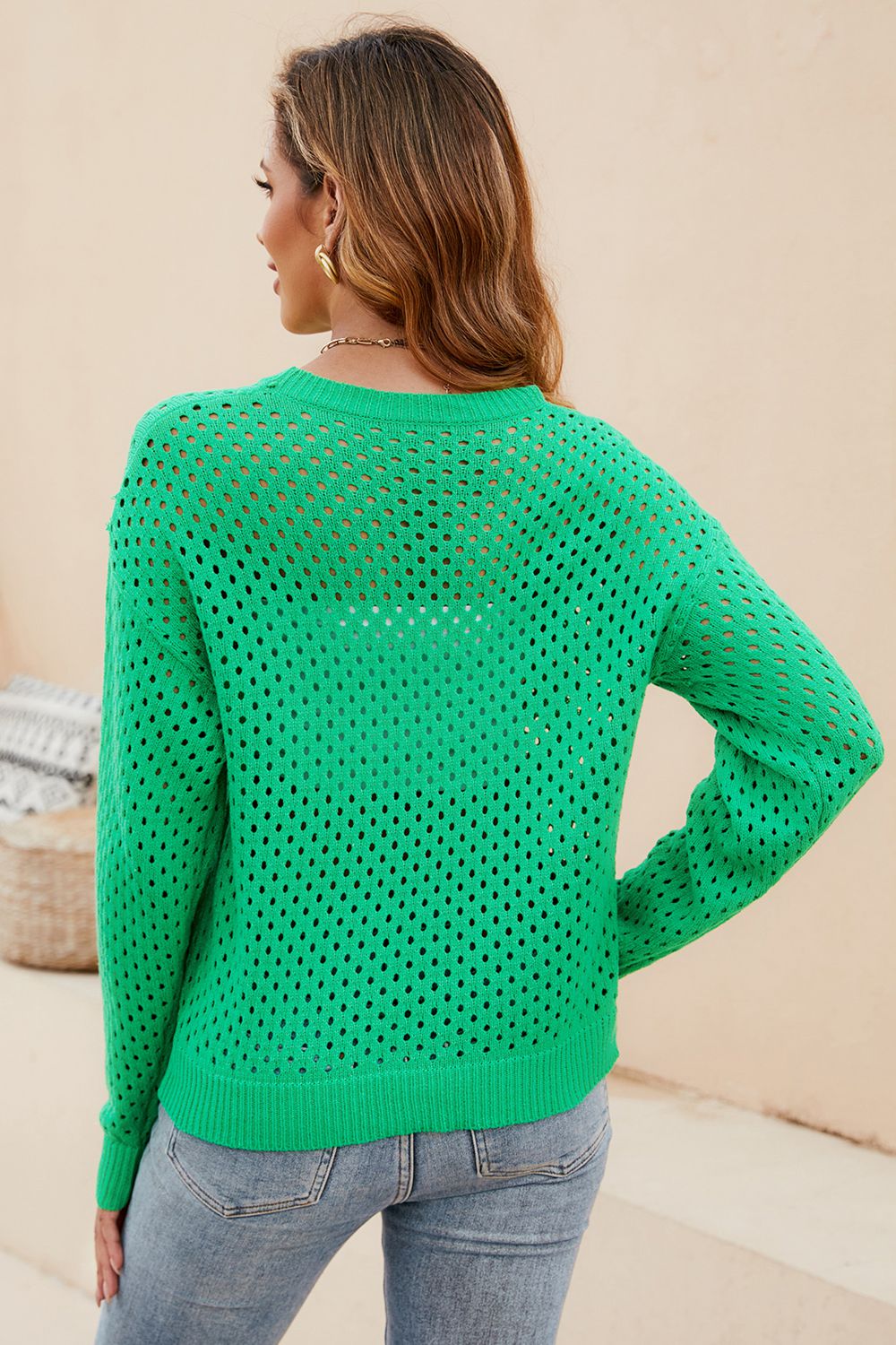 Beauteous Round Neck Openwork Dropped Shoulder Knit Top