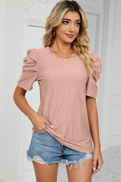 Eyelet Round Neck Puff Sleeve T-Shirt