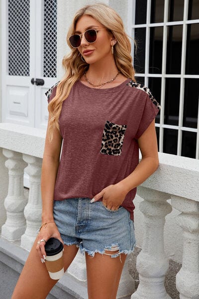 Leopard Round Neck Cap Sleeve T-Shirt