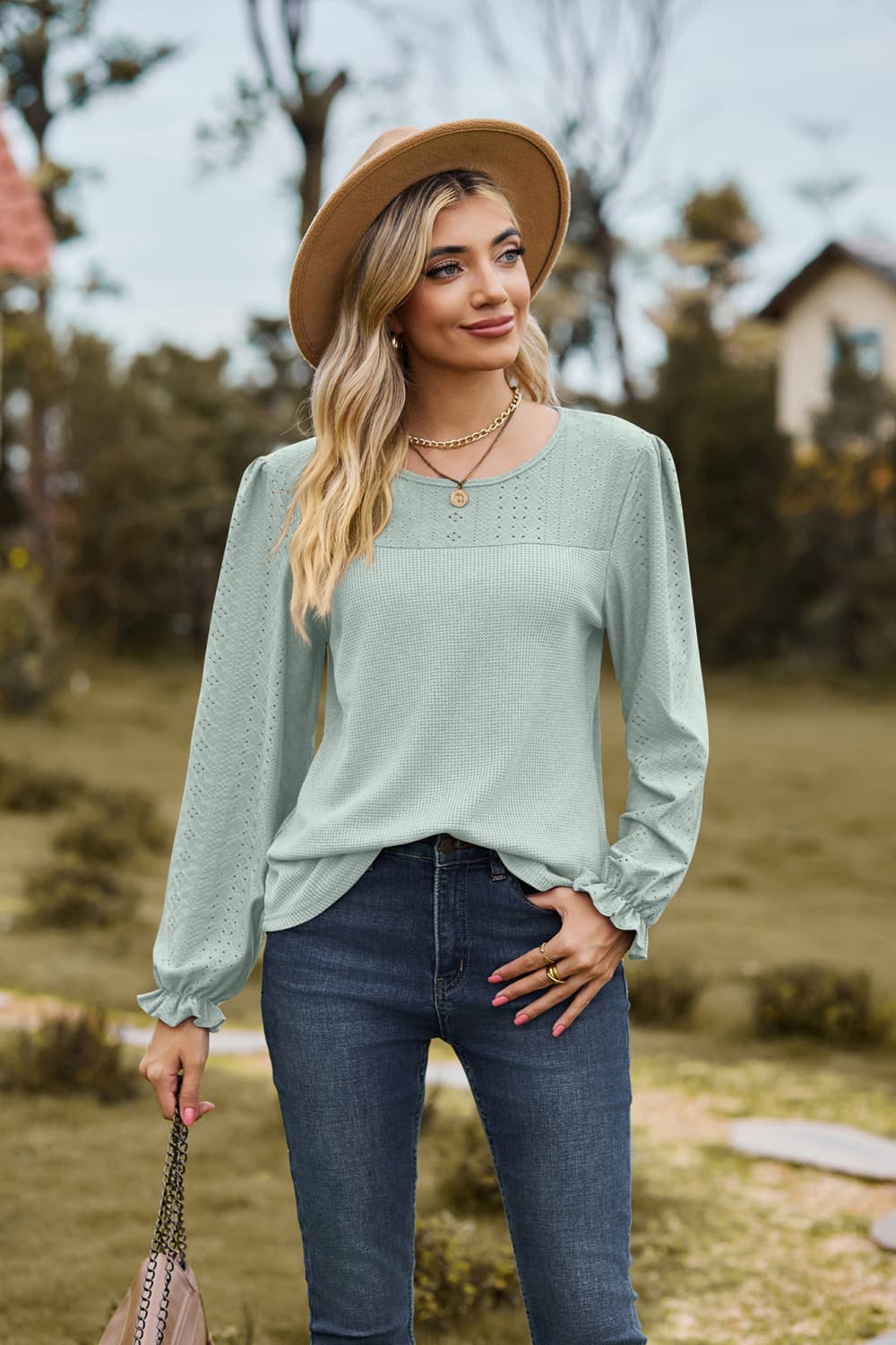 Full Size Round Neck Puff Sleeve Blouse