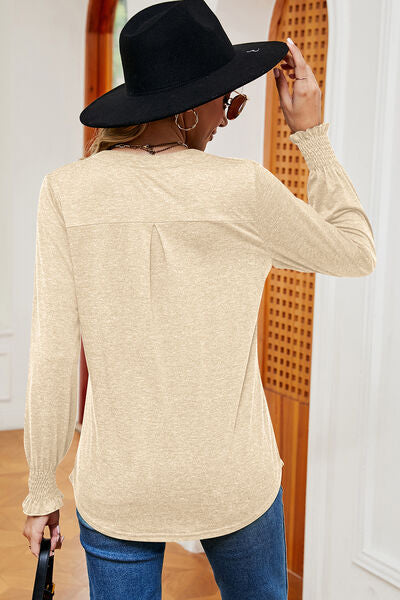 Smocked Notched Long Sleeve T-Shirt