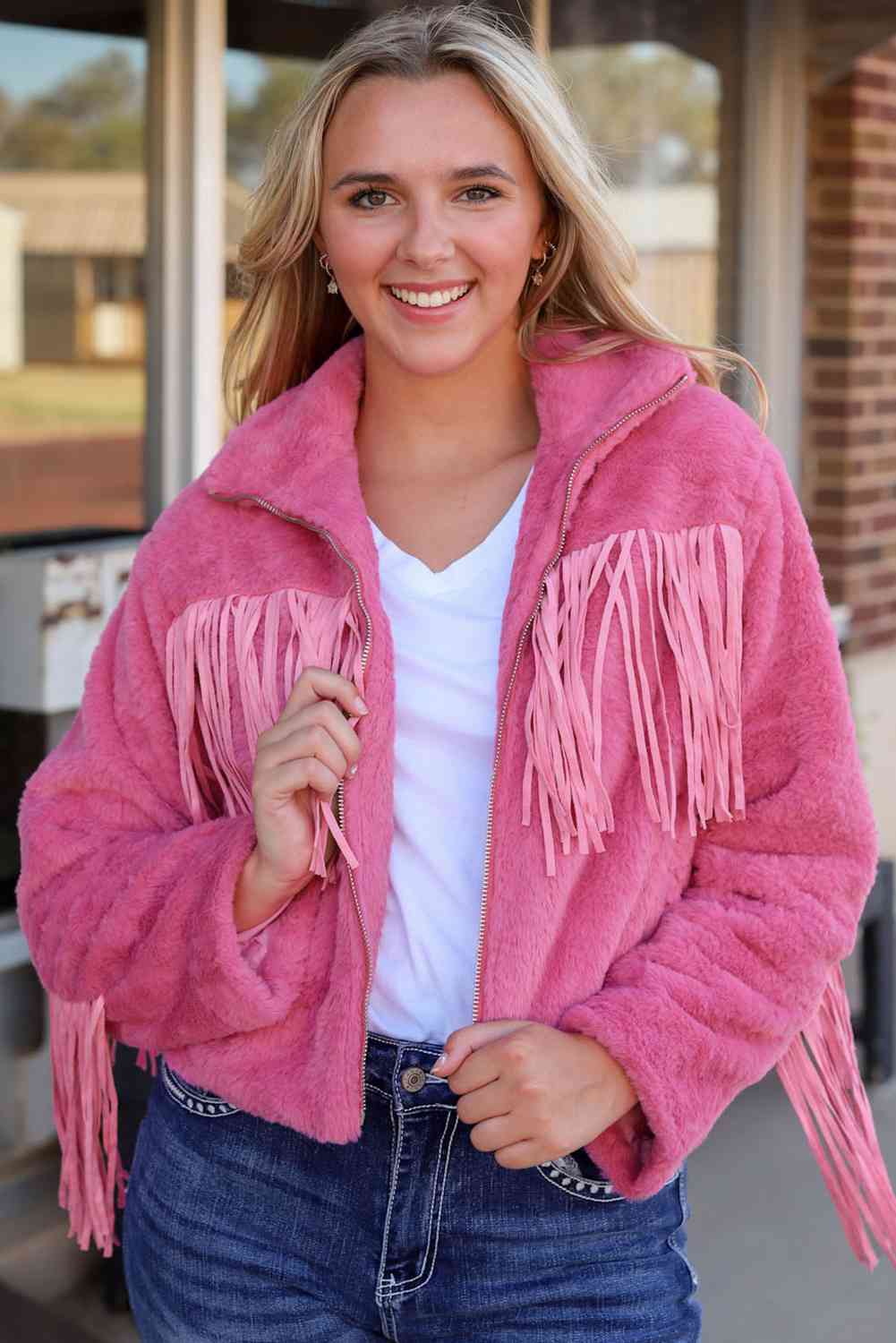 FashionToFigureTrends Hot Pink Fringe Detail Zip-Up Jacket