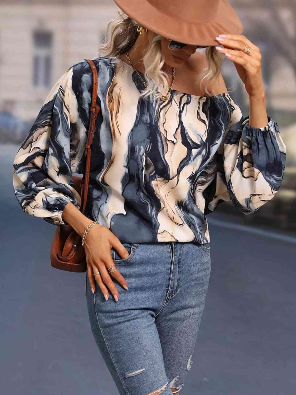 Full Size Printed Boat Neck Blouse