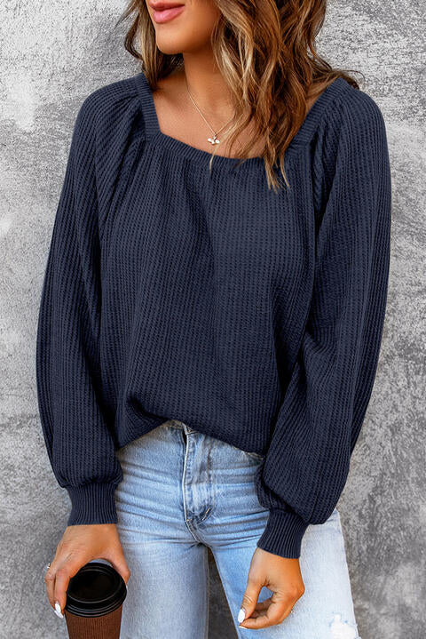 Square Neck Waffle-Knit Top