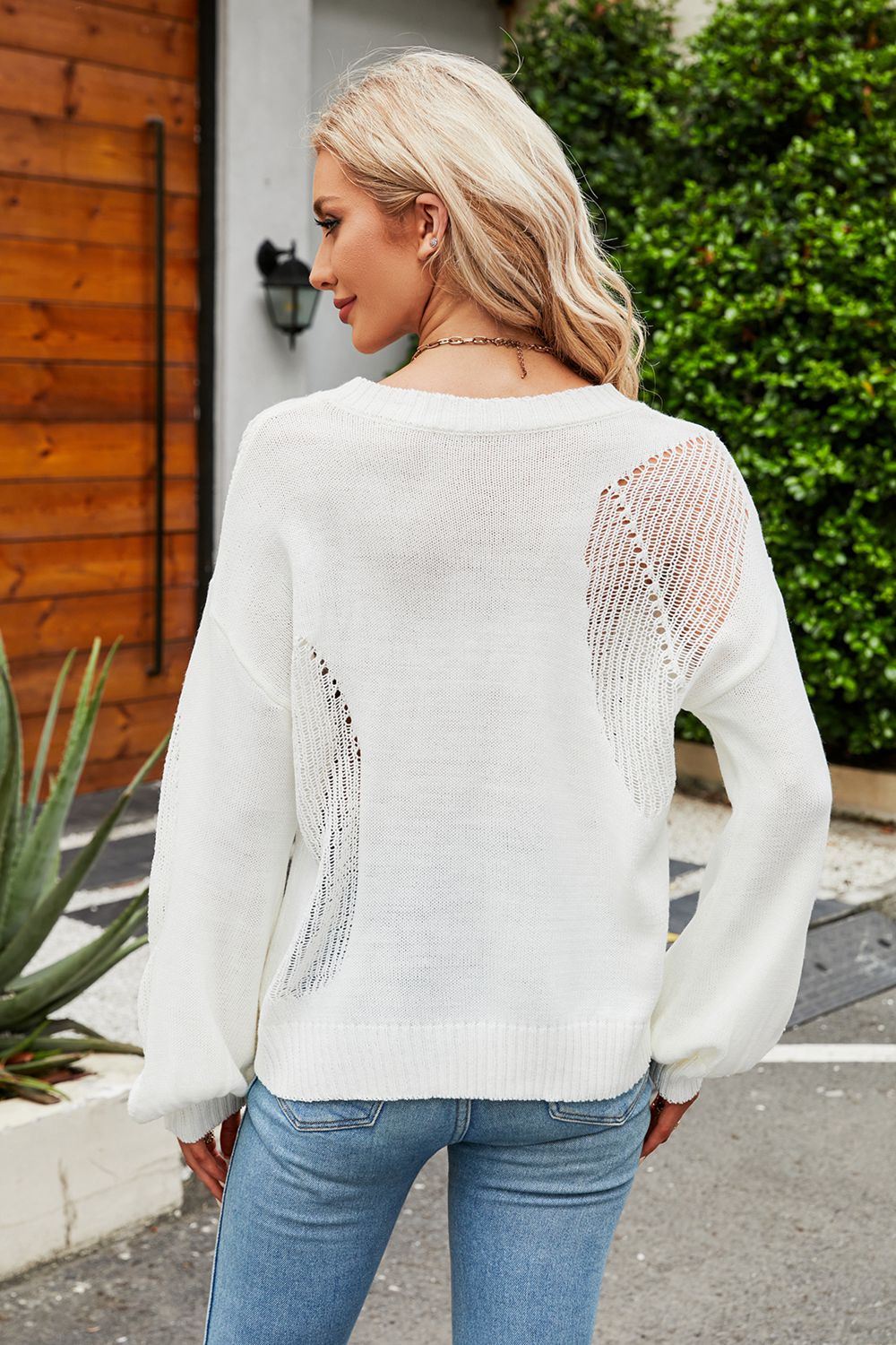 Beauteous Openwork Round Neck Dropped Shoulder Knit Top