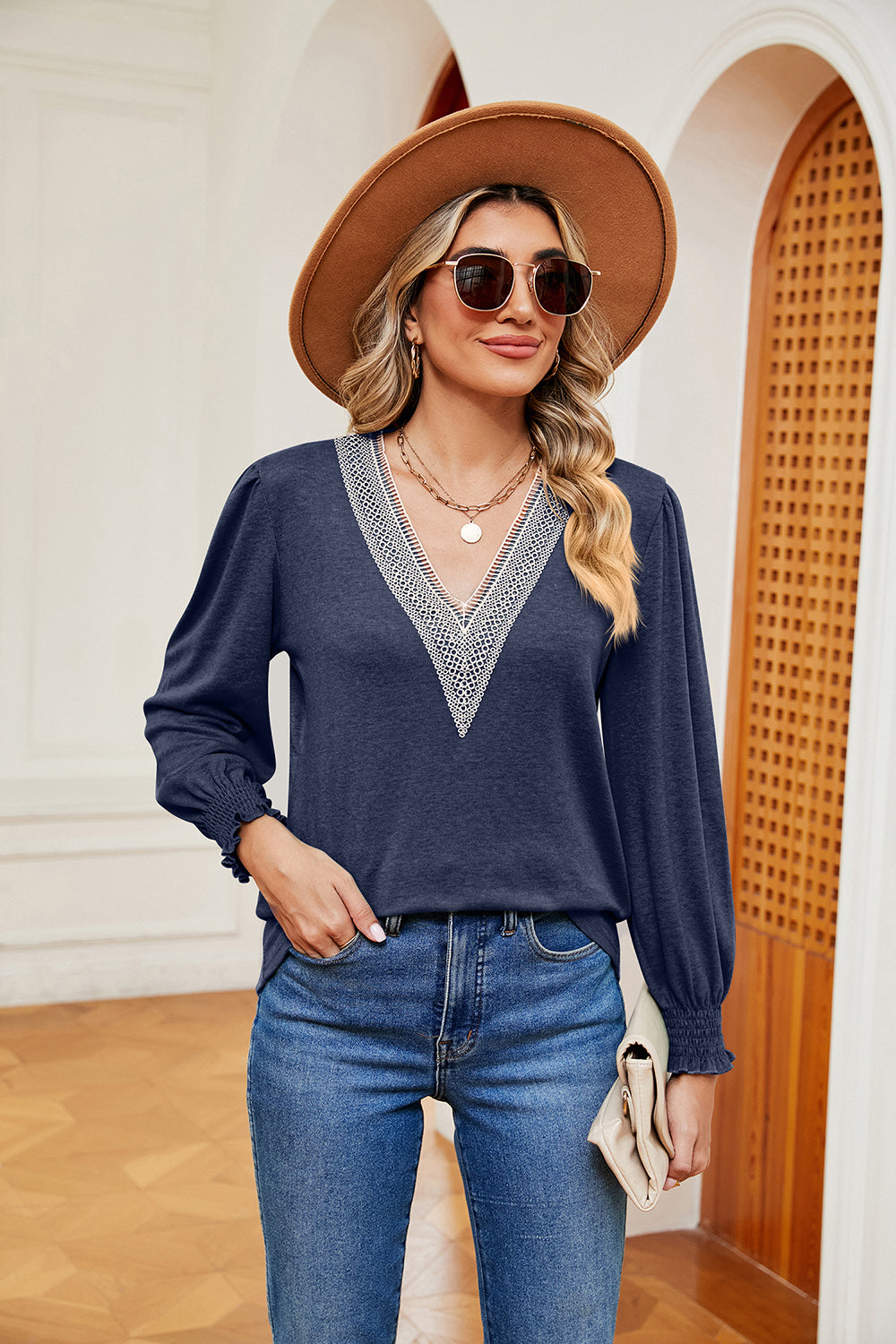 Full Size Contrast V-Neck Long Sleeve Top