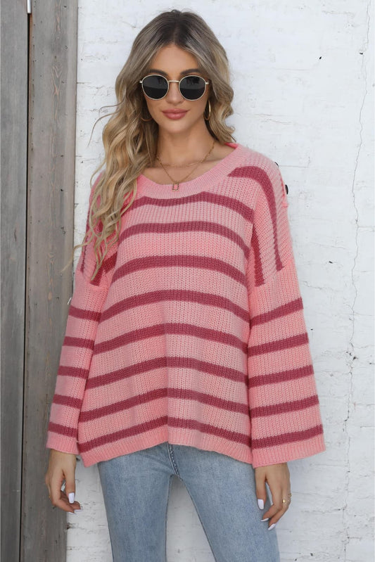 One Size Round Neck Dropped Shoulder Striped Sweater