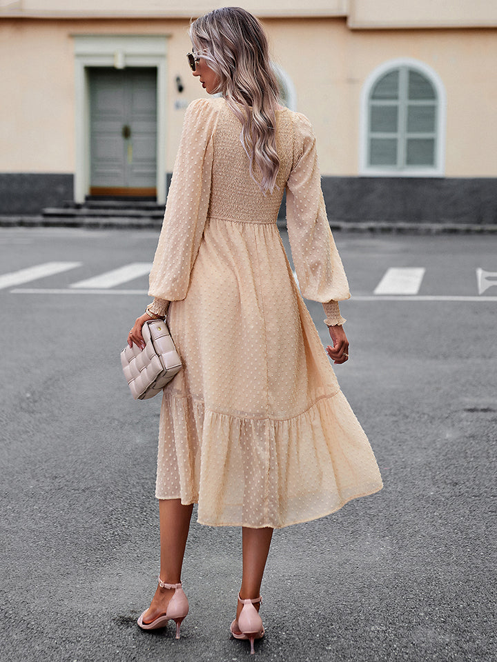 IconicDream Swiss Dot V-Neck Flounce Sleeve Midi Dress