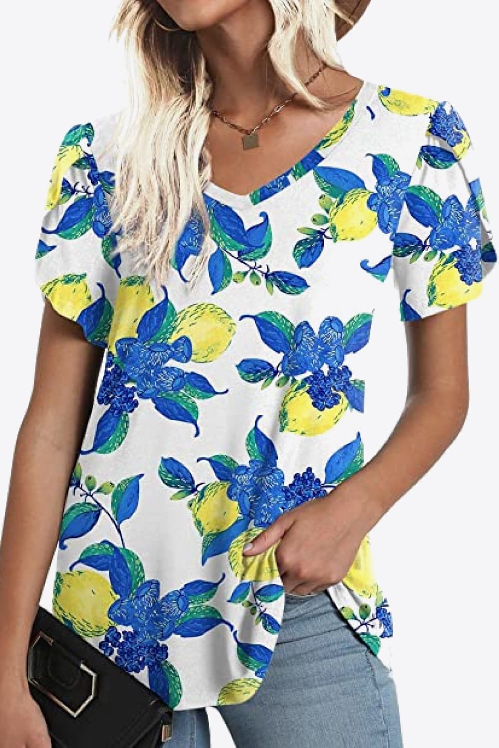 Full Size Printed Petal Sleeve V-Neck Blouse