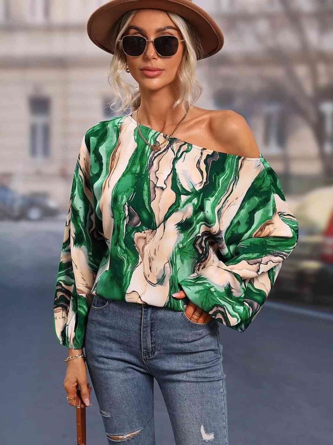 Full Size Printed Boat Neck Blouse