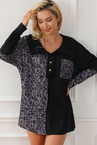 Women's Salena Half Button Leopard Collared Neck Blouse