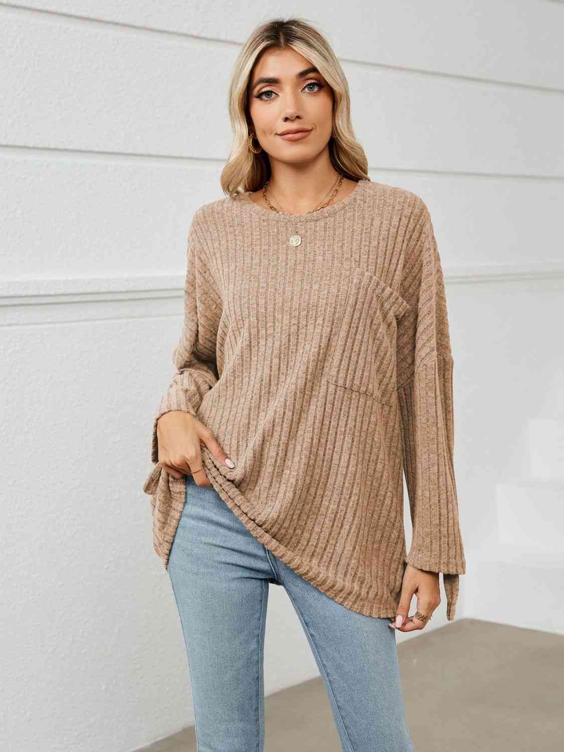 Full Size Round Neck Ribbed Long Sleeve T-Shirt