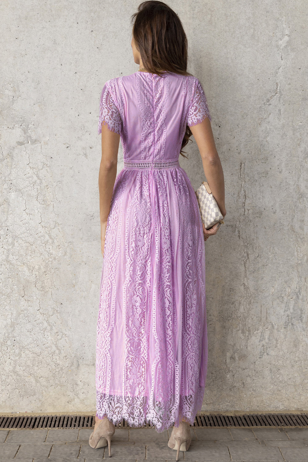 Women's Full Size Scalloped Trim Lace Plunge Dress