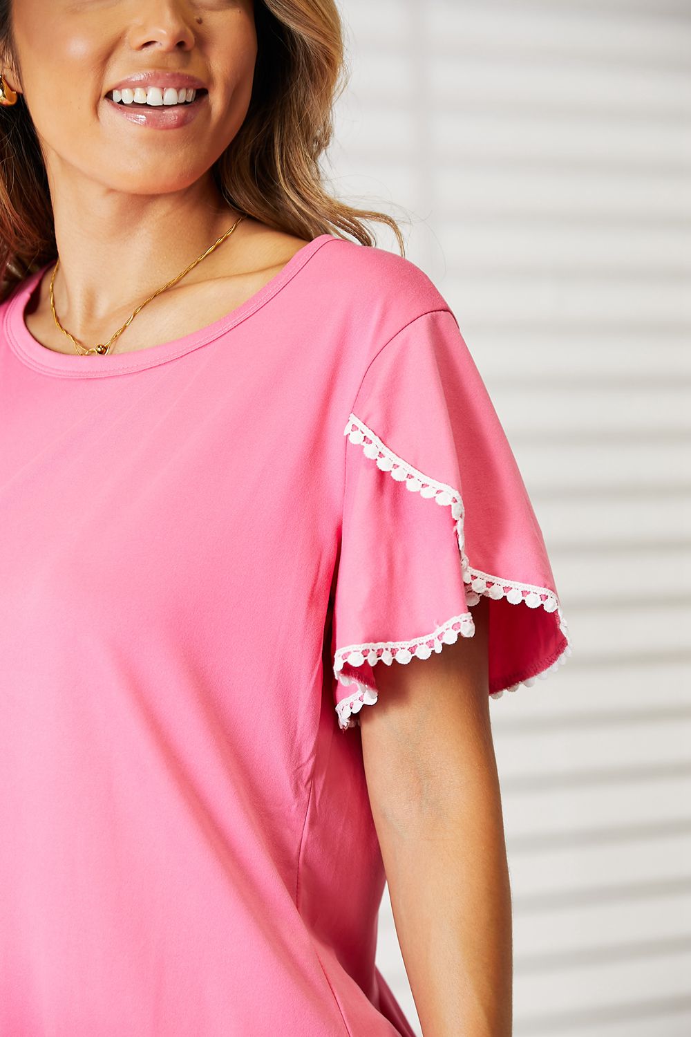 Double Take Pom-Pom Trim Flutter Sleeve Hot Pink Round Neck T-Shirt