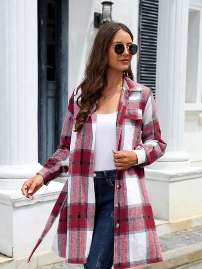 Penelope Plaid Belted Collared Neck Button Up Jacket