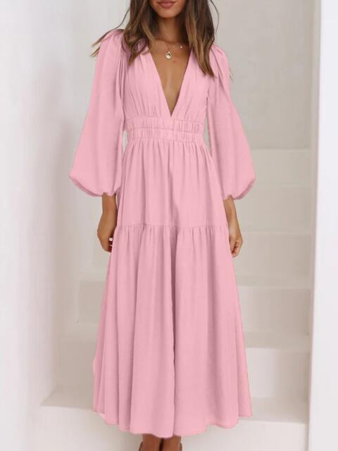 Cora Lea Deep V-Neck Balloon Sleeve Plain Maxi Dress