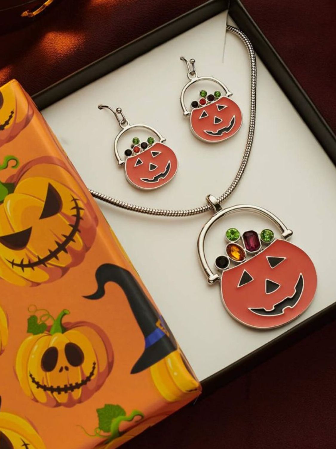 Halloween Pumpkin Themed Dangle Earrings and Necklace Set