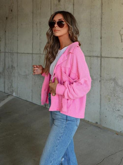 Love Cozy Stuff Ribbed Collared Neck Button Up Jacket