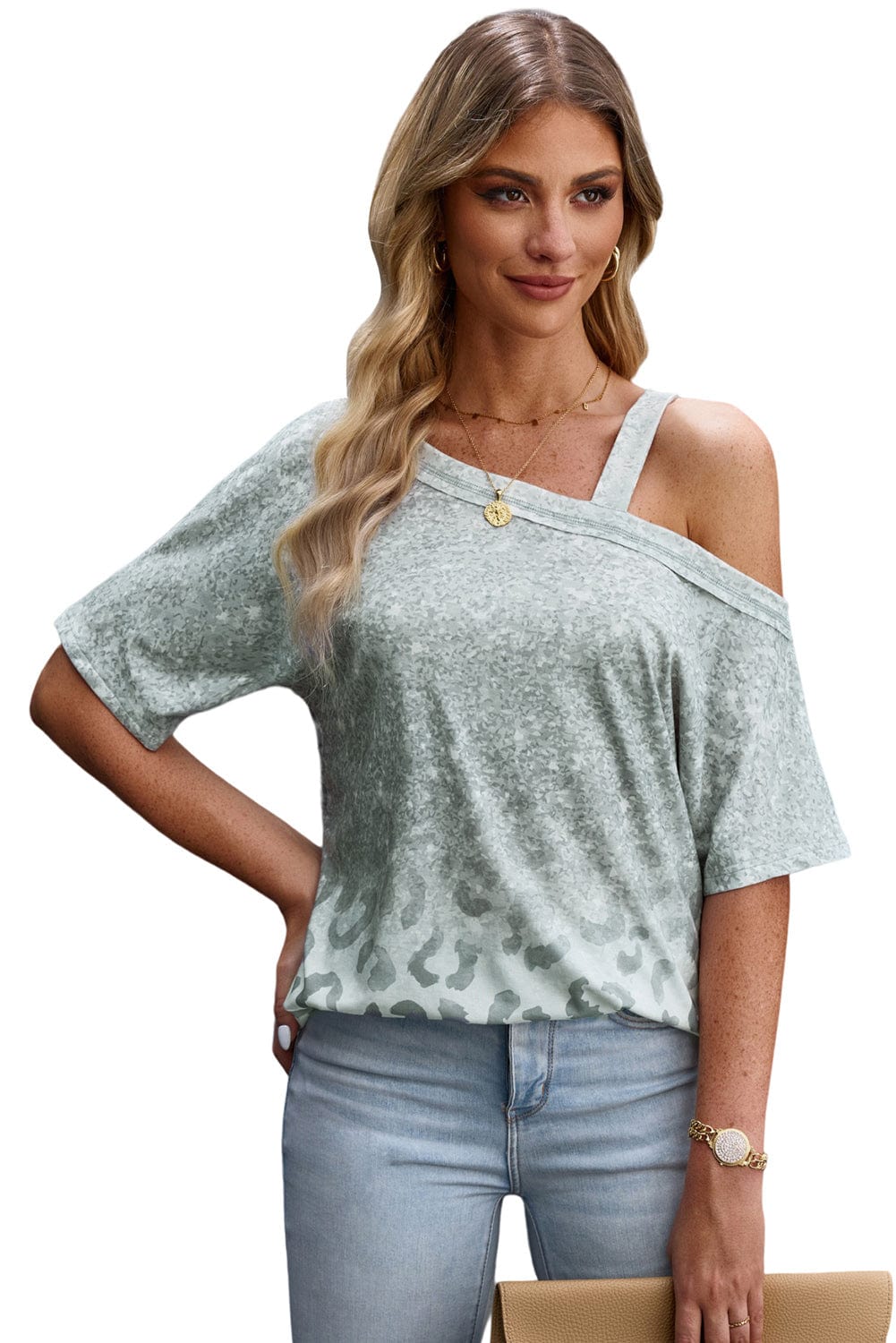 LOVEN'SWEETNESS Full Size Leopard Asymmetrical Neck Cold-Shoulder Blouse