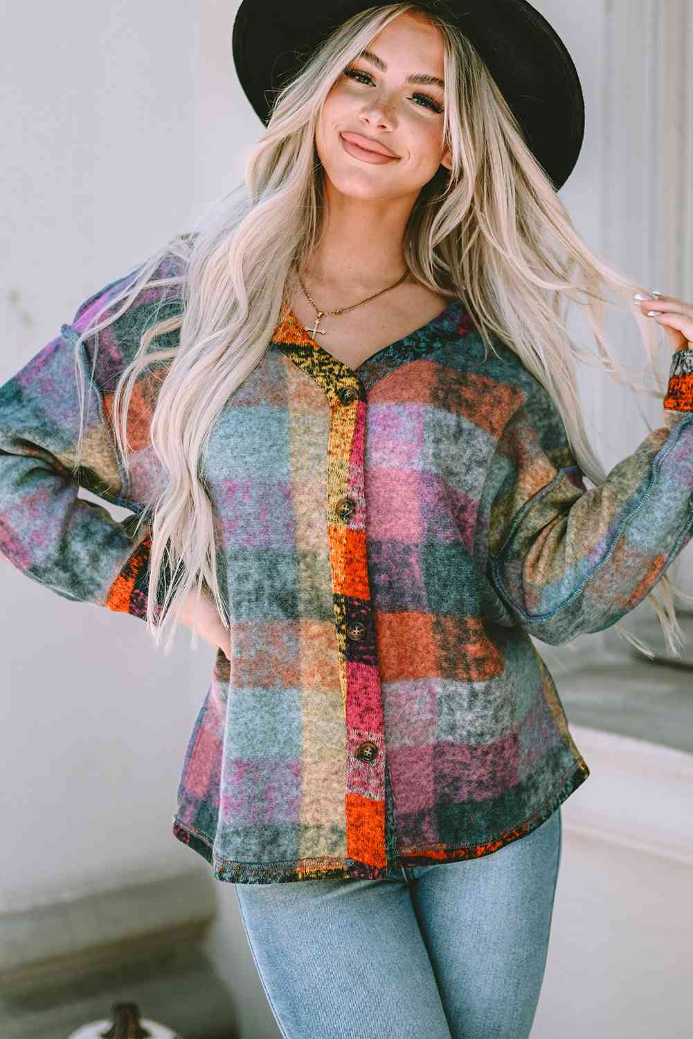 Aria Multicolor Plaid V-Neck Button Down Jacket