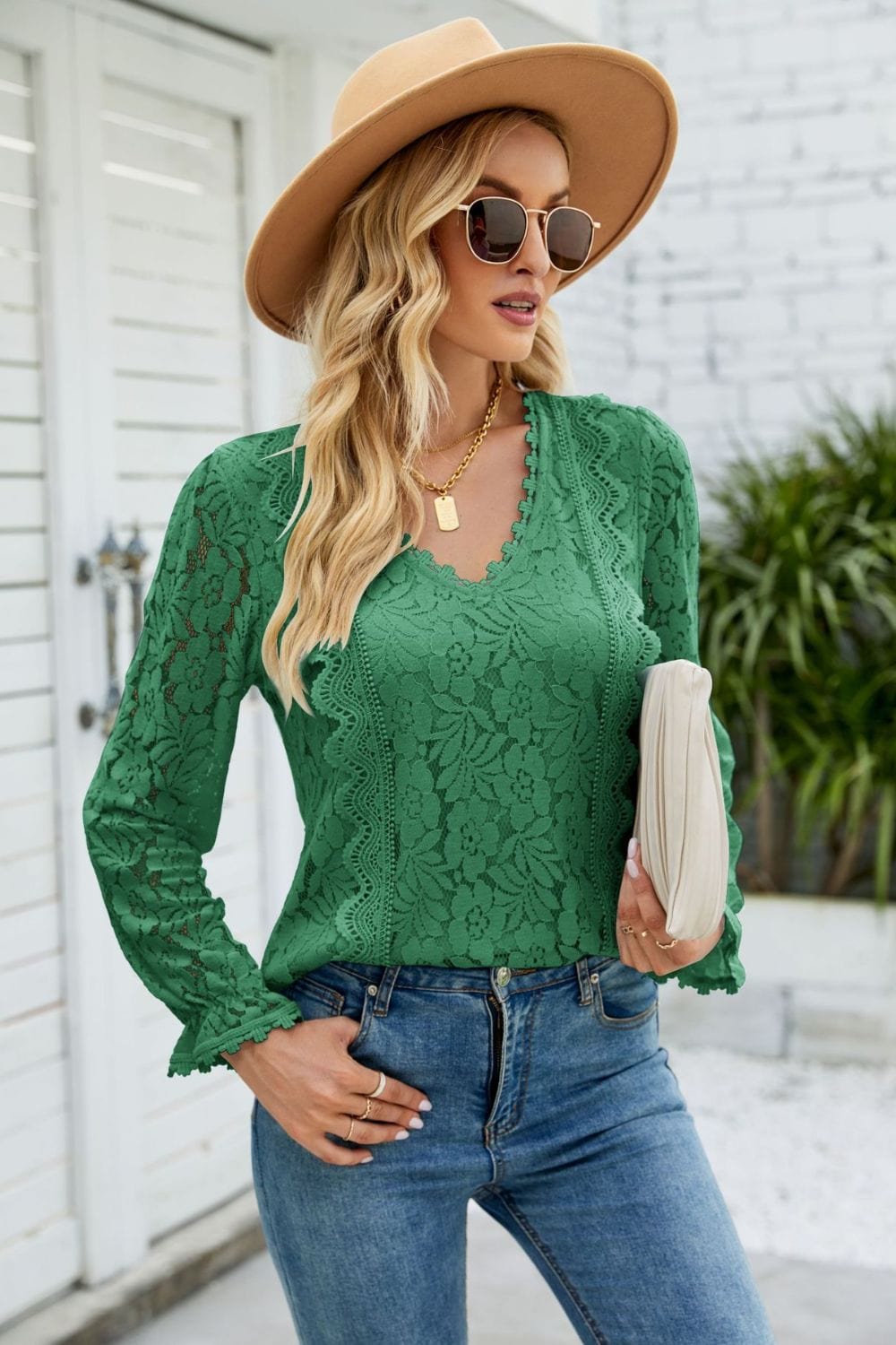 Full Size V-Neck Flounce Sleeve Lace Top