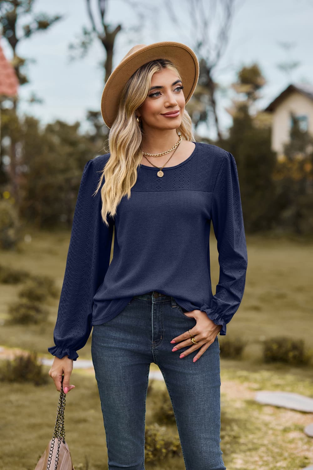 Full Size Round Neck Puff Sleeve Blouse