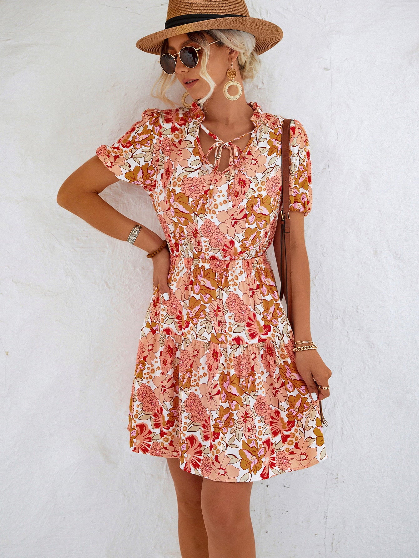 Women's Floral Tie Neck Puff Sleeve Tiered Dress