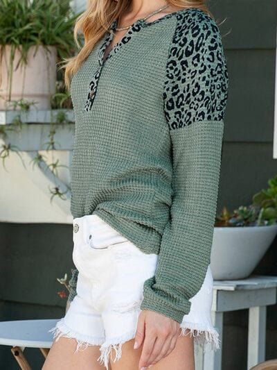 Leopard Notched Raglan Sleeve Knit Top