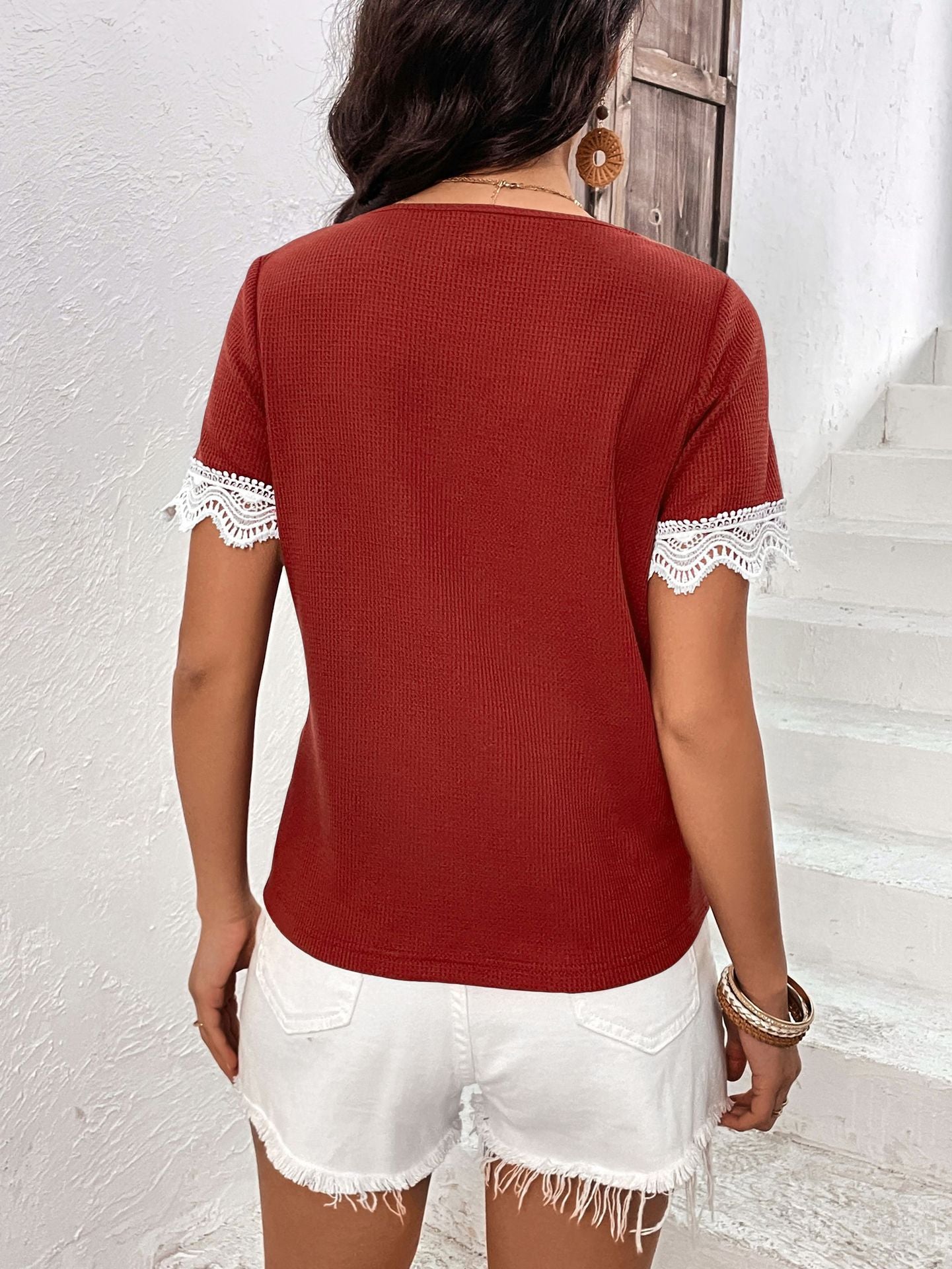 Women's Decorative Button Spliced Lace Short Sleeve Top