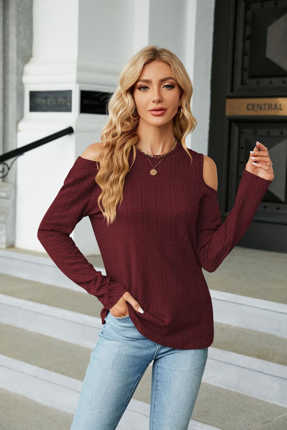 Full Size Dropped Shoulder Long Sleeve Blouse