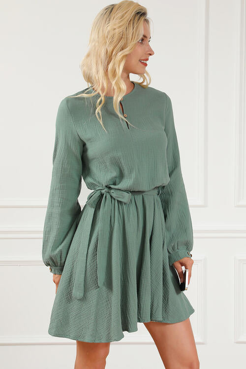 Tie Front Long Sleeve Gum Leaf Green Mini Dress