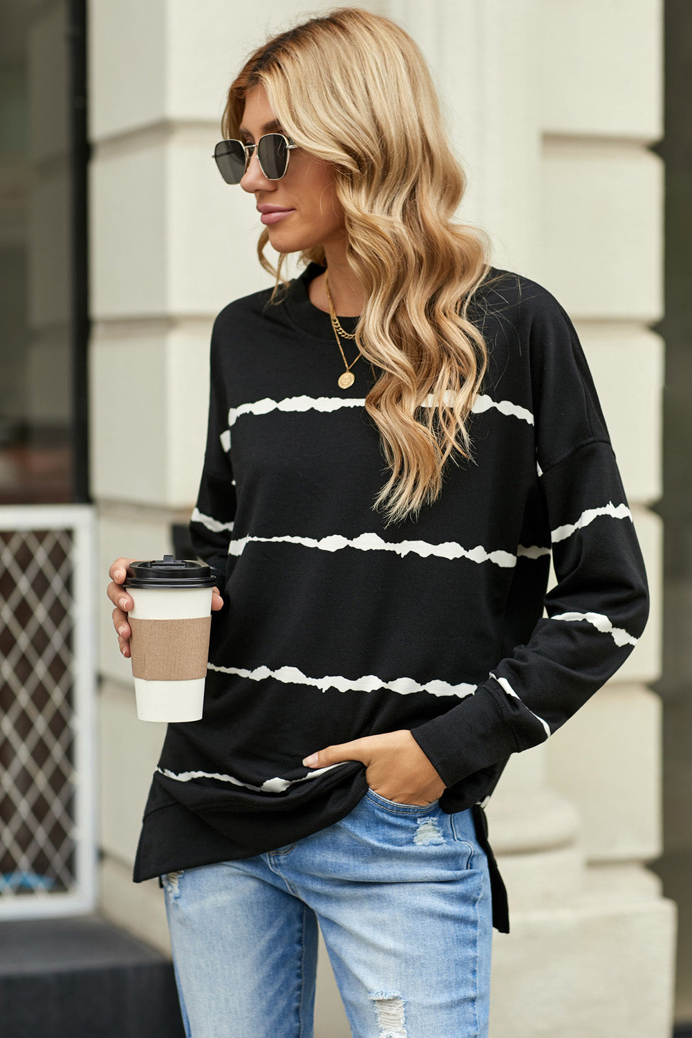 Full Size Striped Side Slit Round Neck Black Sweatshirt