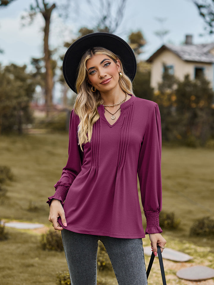 Full Size Notched Neck Flounce Sleeve Blouse