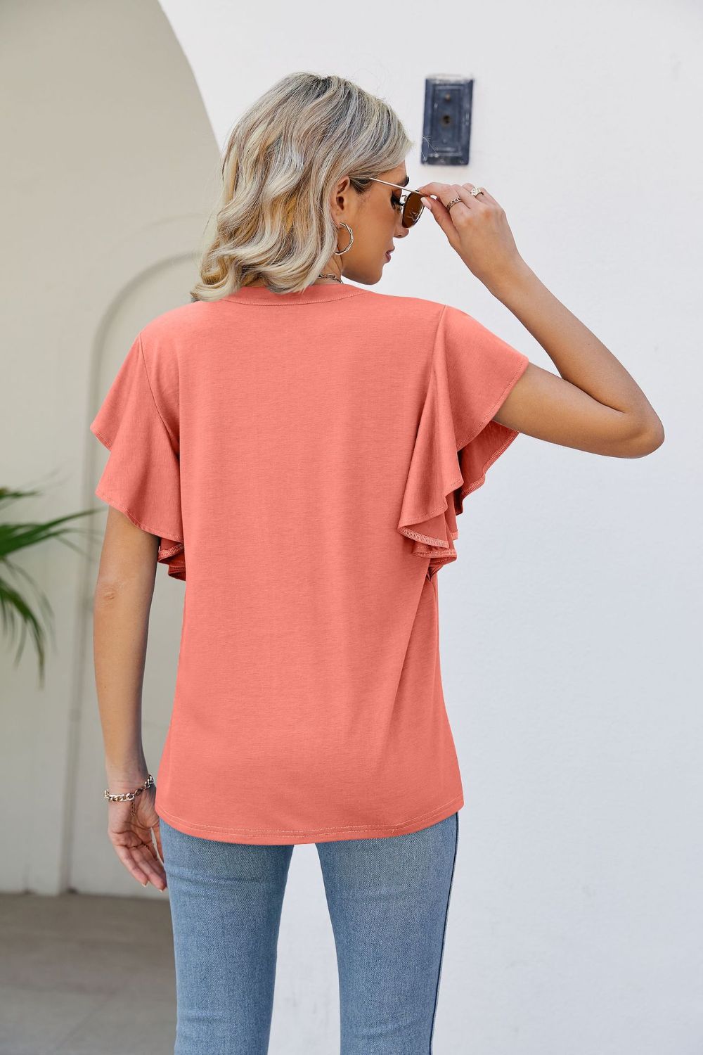 Women's JAYLEEN Full Size Notched Neck Flutter Sleeve Tee