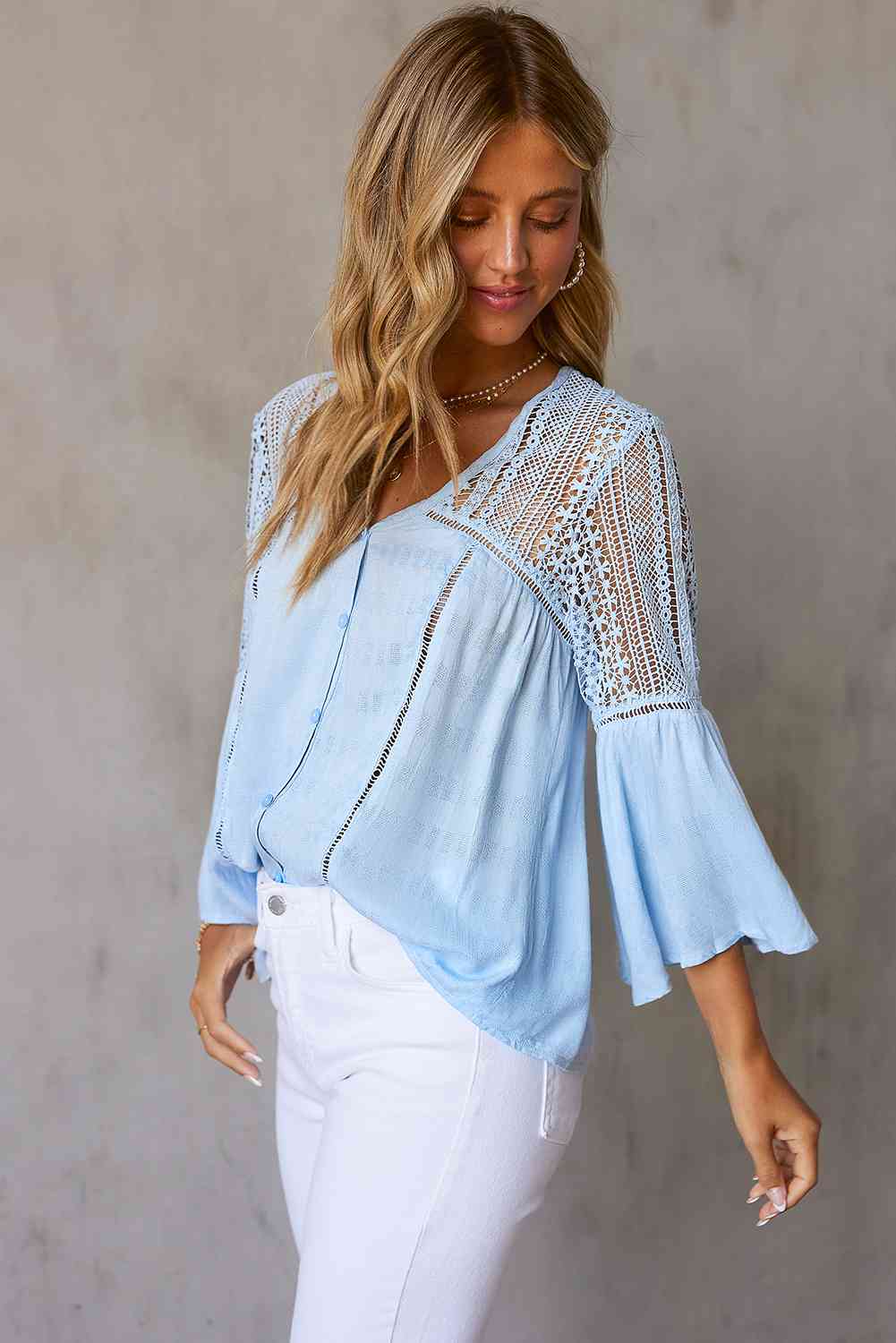 FULL SIZE Flare Sleeve Spliced Lace V-Neck Shirt