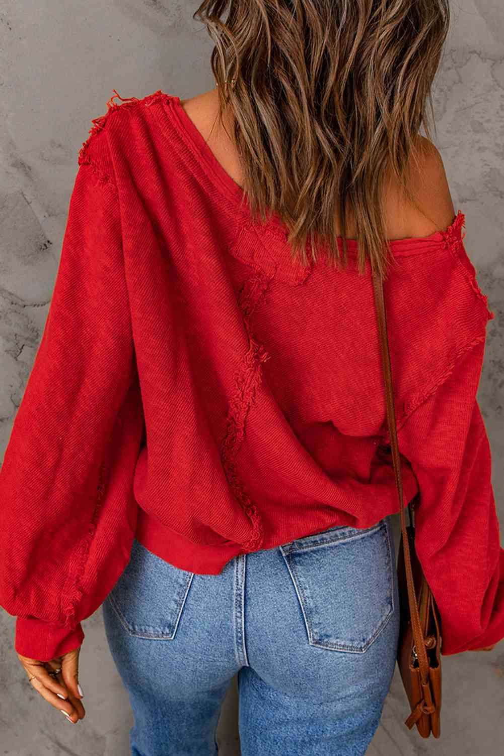 FULL SIZE Red Button Front Frayed Trim Knit Top