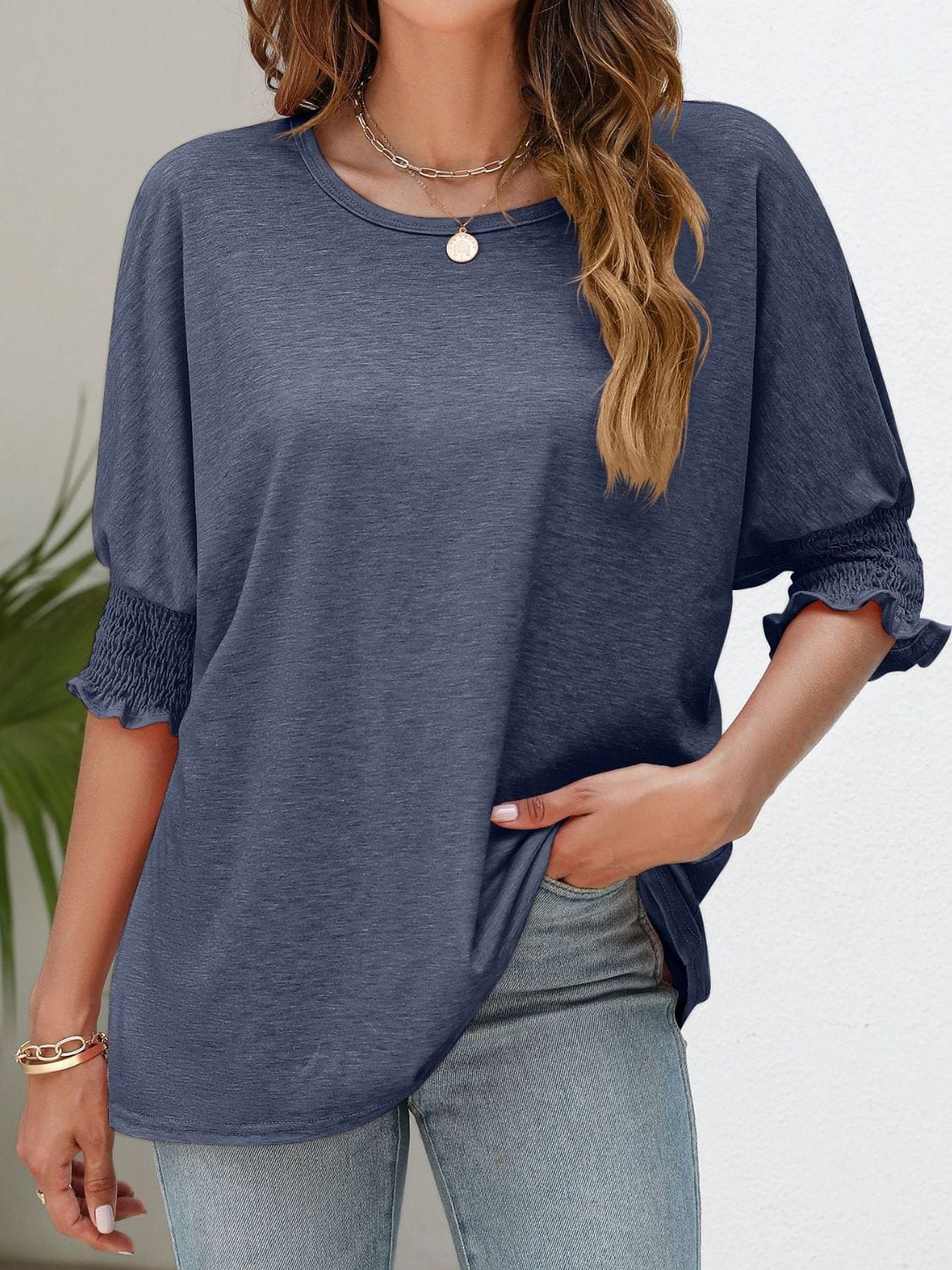 Full Size Smocked Flounce Sleeve Round Neck T-Shirt